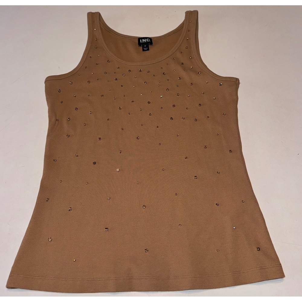 INC International Concepts Tan Ribbed Rhinestone BLING Party Tank Top Medium